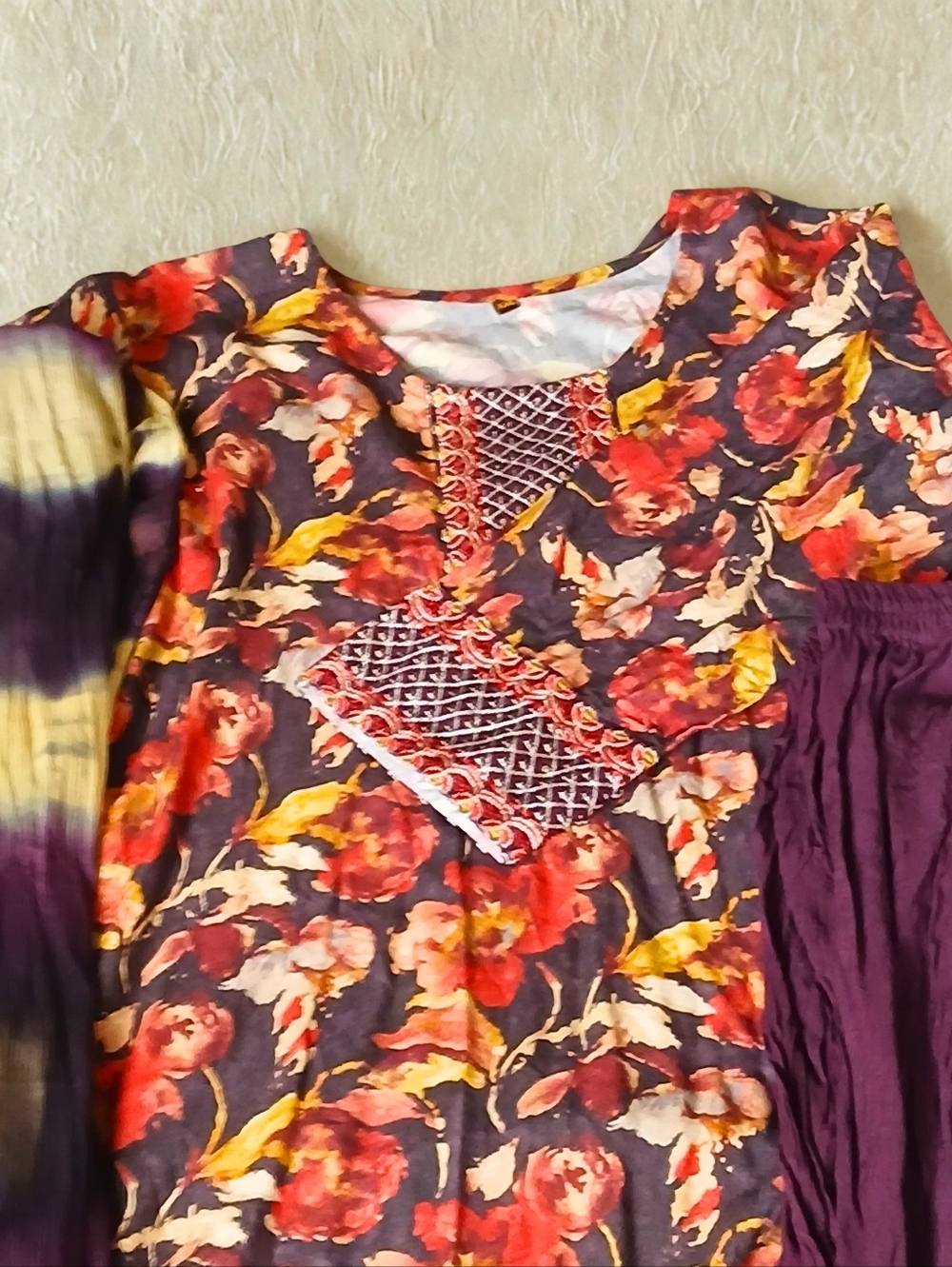 Indian Pakistani Bollywood 3 Piece Outfit in Purple, Red & Yellow - Bust Size